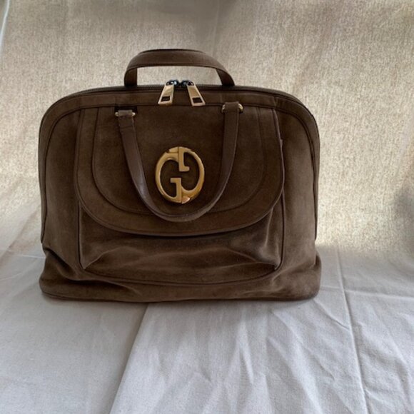 Gucci Handbags - Gucci Tan Suede 1973 Top Handle Satchel